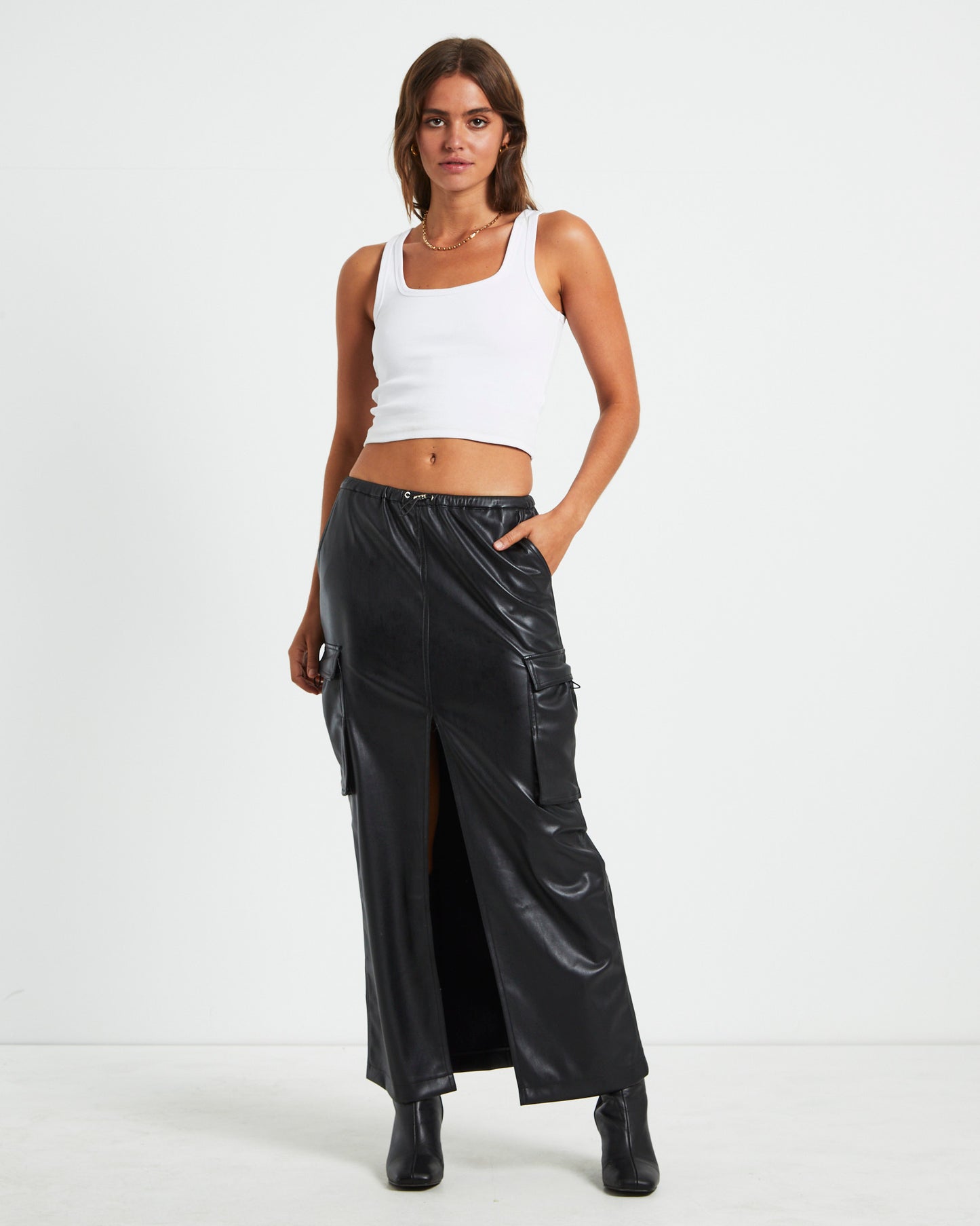 Phoebe Leather Look Cargo Skirt Black