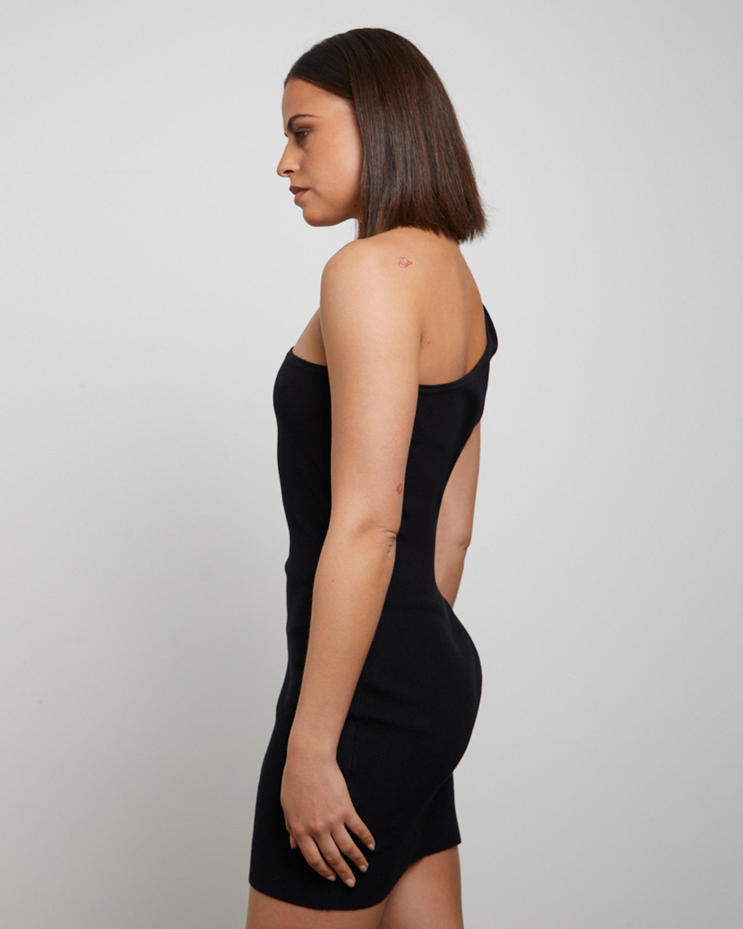 Luxe Knitted One Shoulder Mini Dress in Black