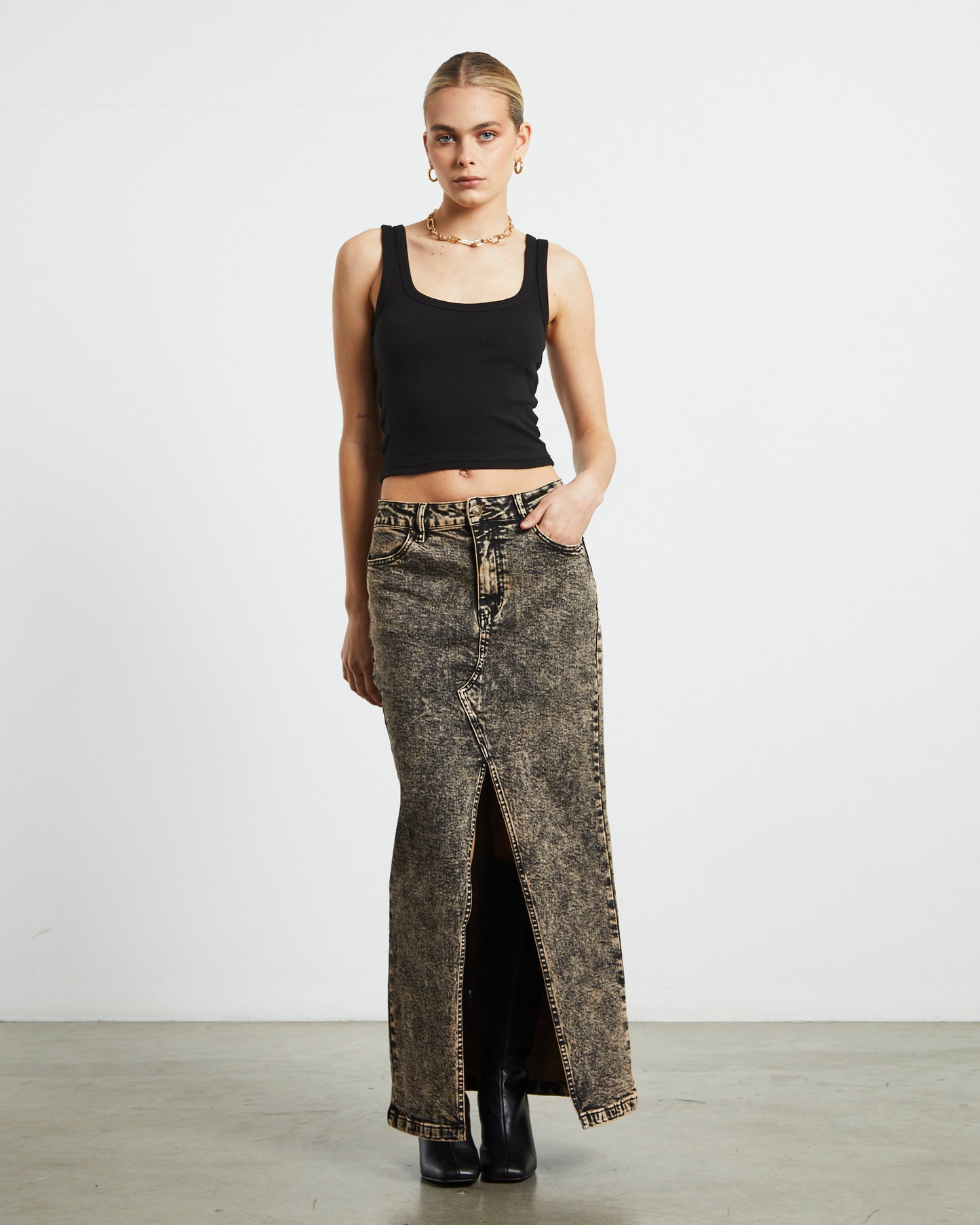 Ines Panel Black Midi Denim Skirt in Vintage Tint
