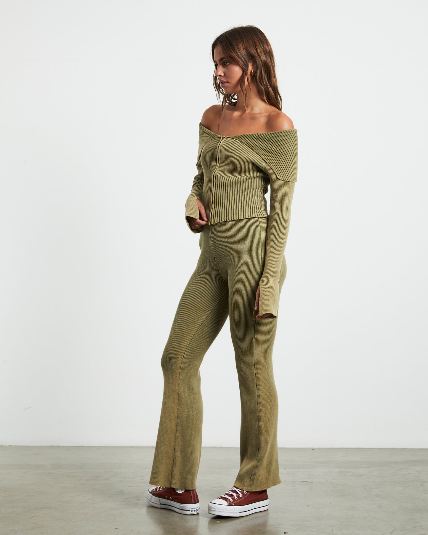 Angelique Zip Front Acid Rib Cardigan in Khaki Green
