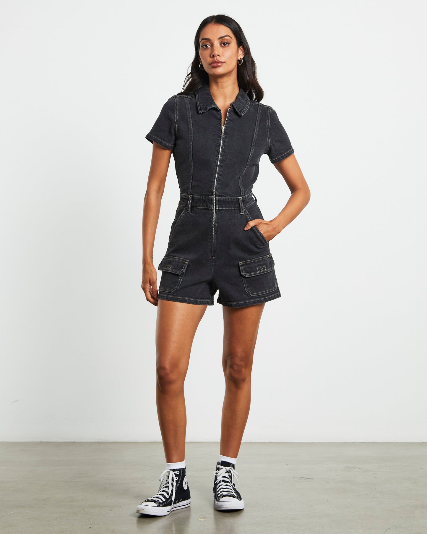 Georgia Denim Romper in Black