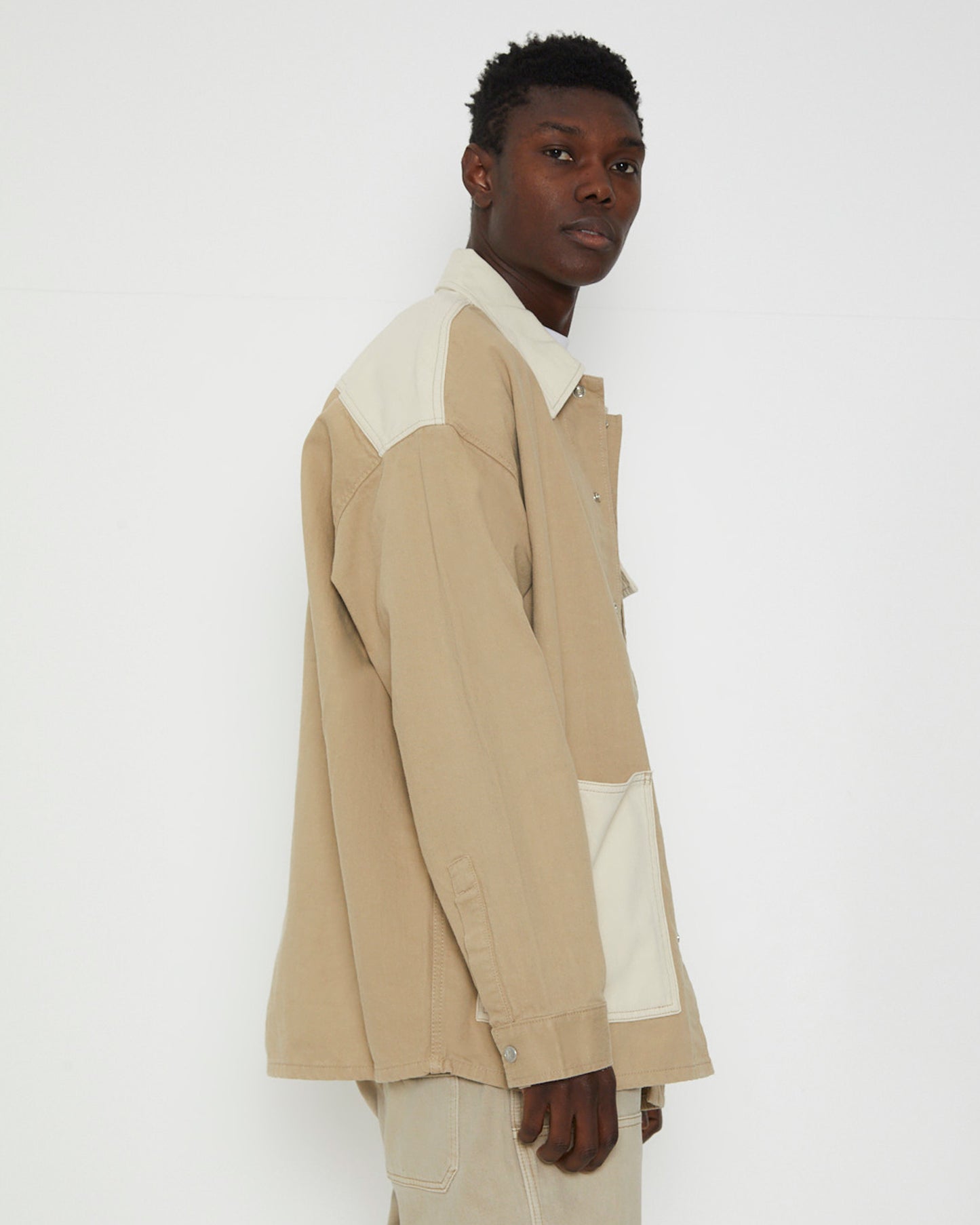 Oversized Utility Panel Denim Shirt Jacket in Neutral