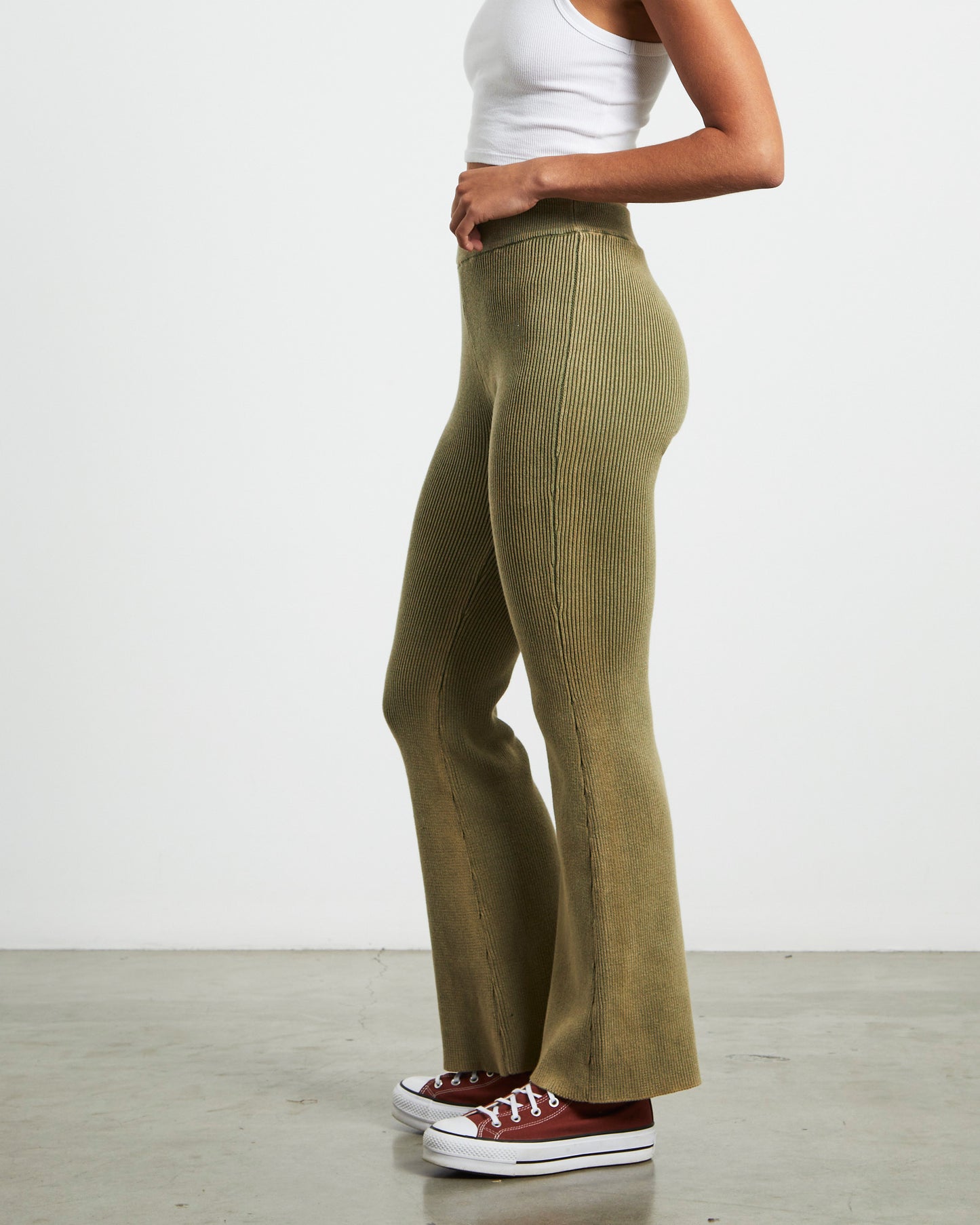 Angelique Acid Wash Rib Soft Flare Pant in Khaki