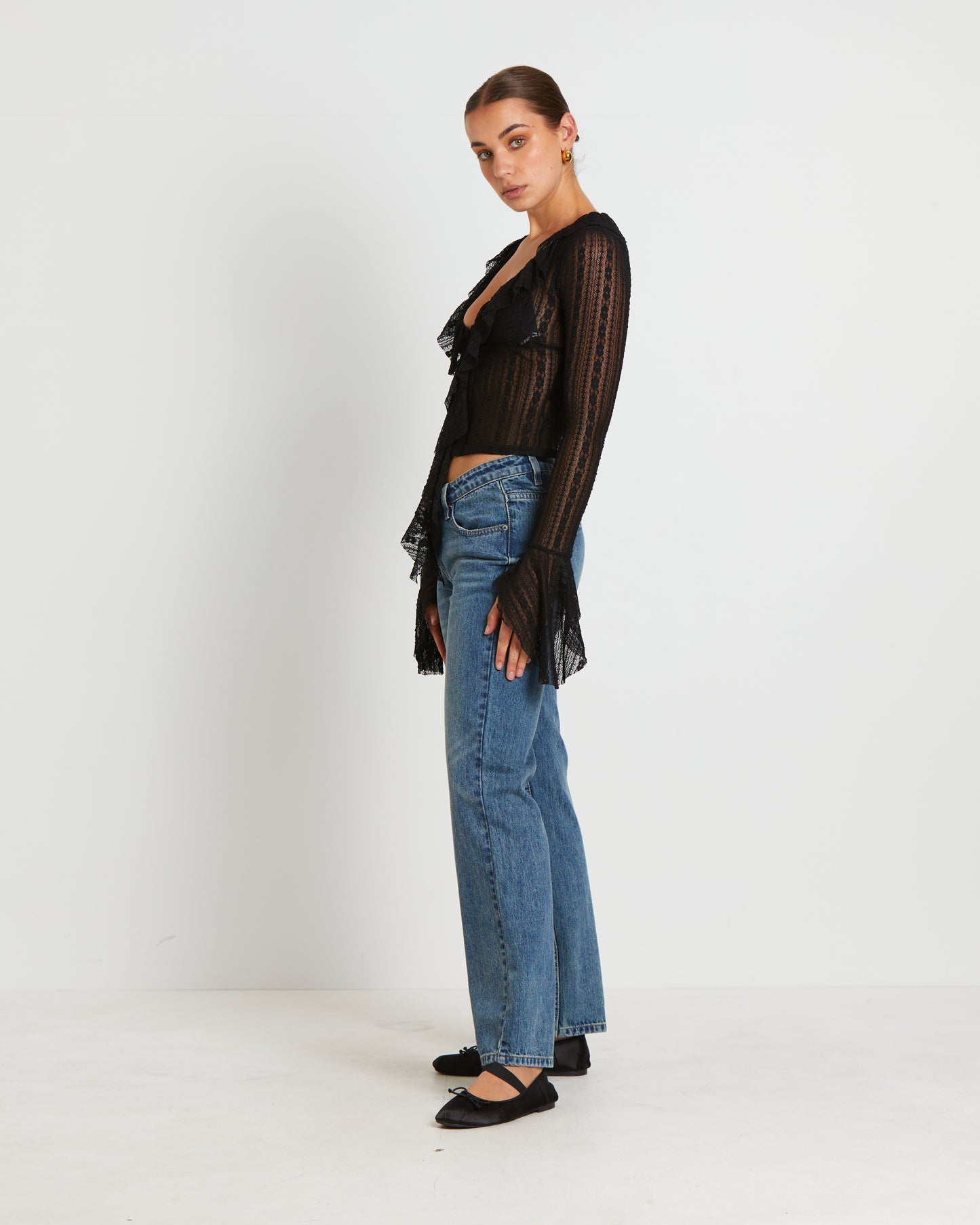 Janie Fairy Core Lace Plunge Shirt in Black