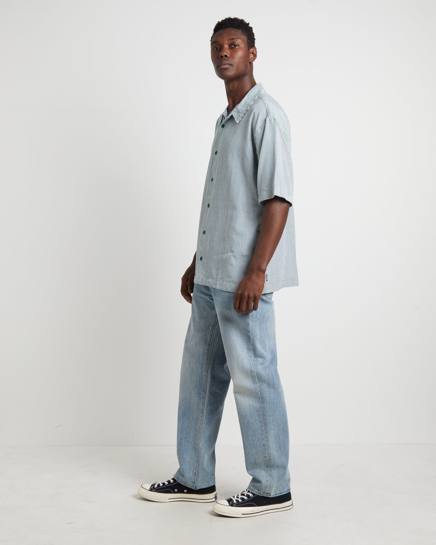 Intergalactic Cuban Short Sleeve Shirt in Emerald Stripe Green