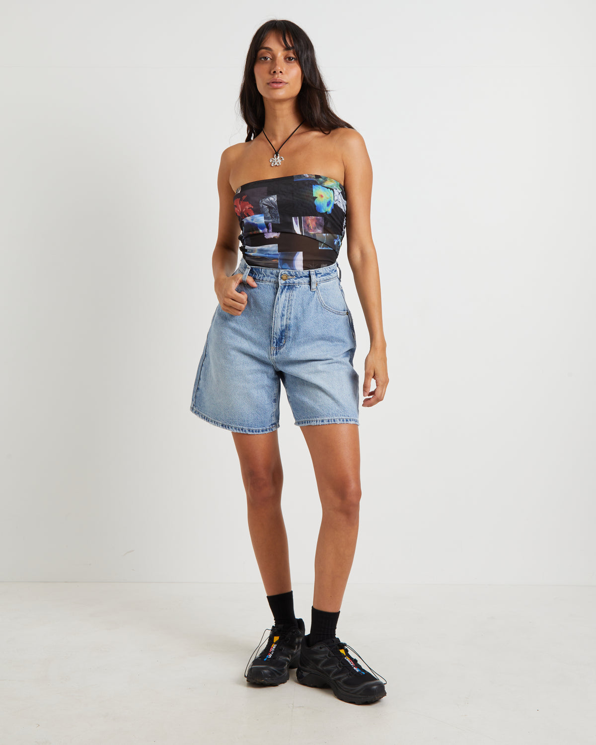 Under Pressure Recycled Sheer Strapless Top in Black BLACK