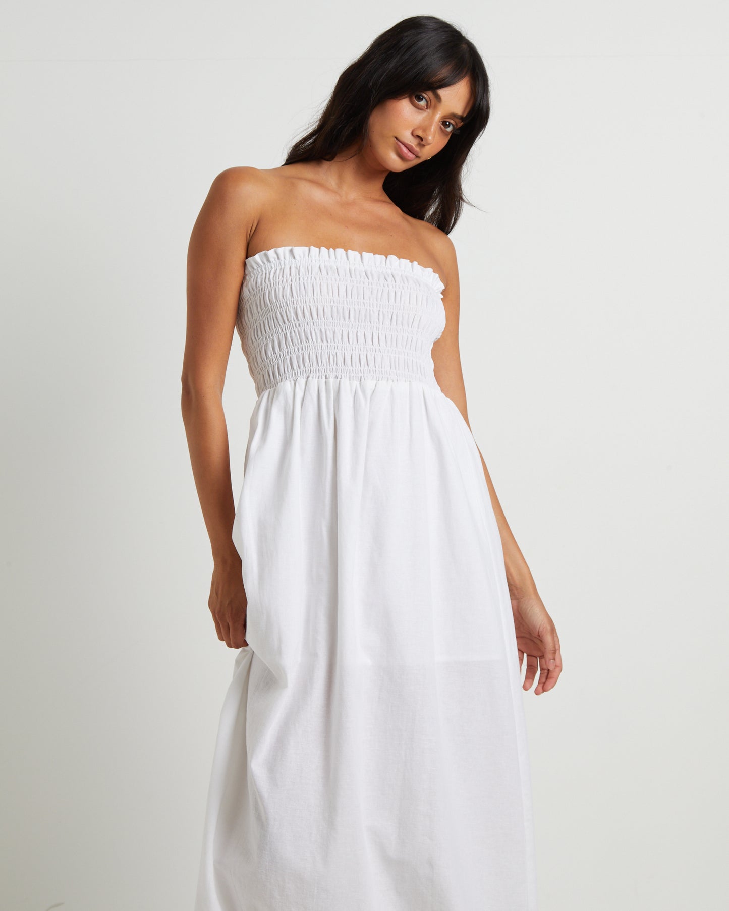 Esme Shirred Bandeau Maxi Dress in White