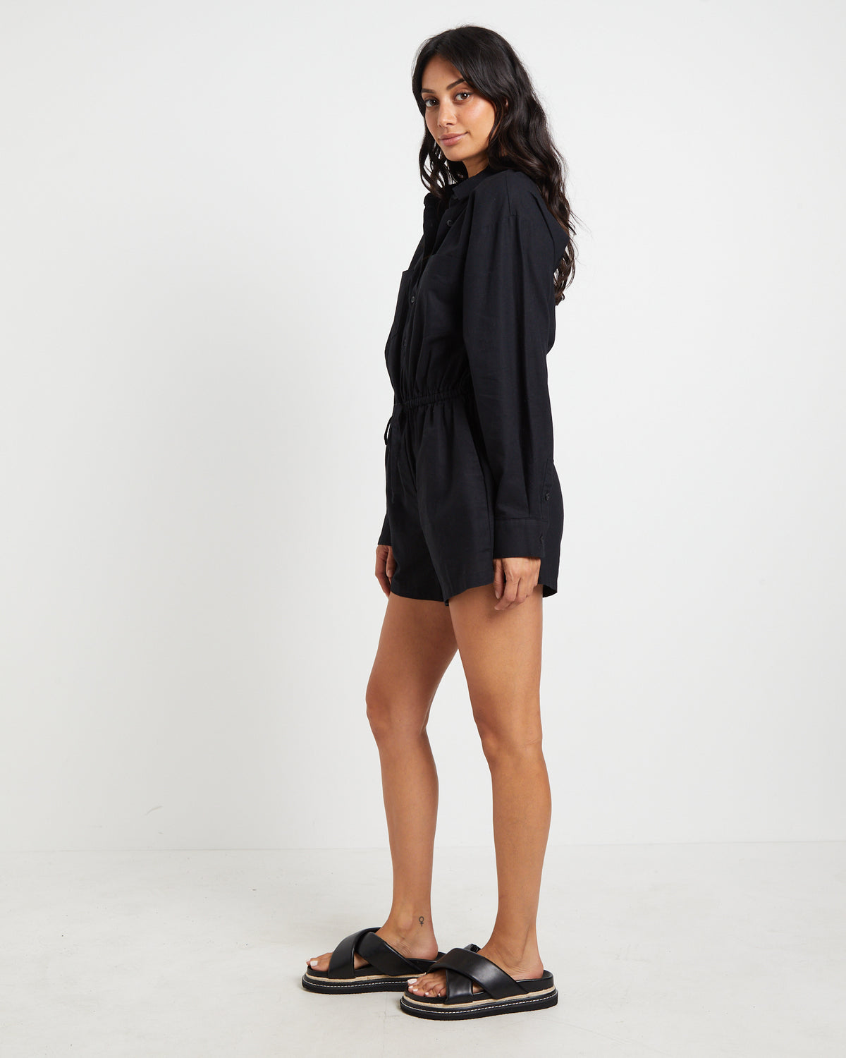 Joslin Boxy Long Sleeve Shirt Playsuit in Black BLACK