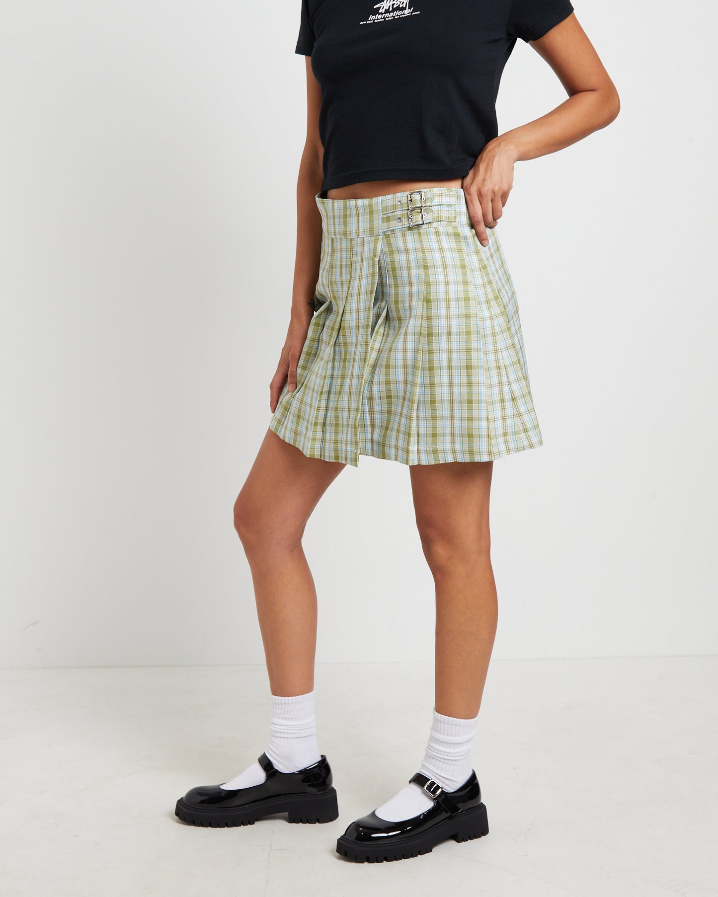 Plaid Pleated Skirt in Army Green