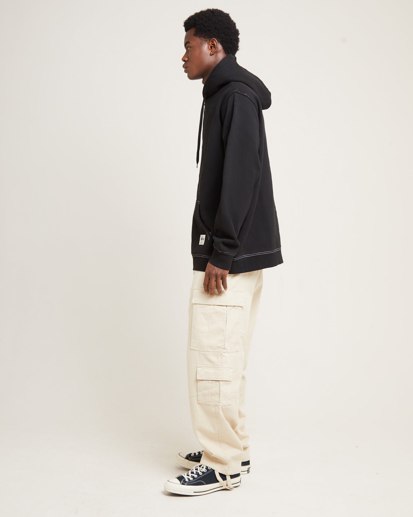 Double Face Label Zip Hoodie Black