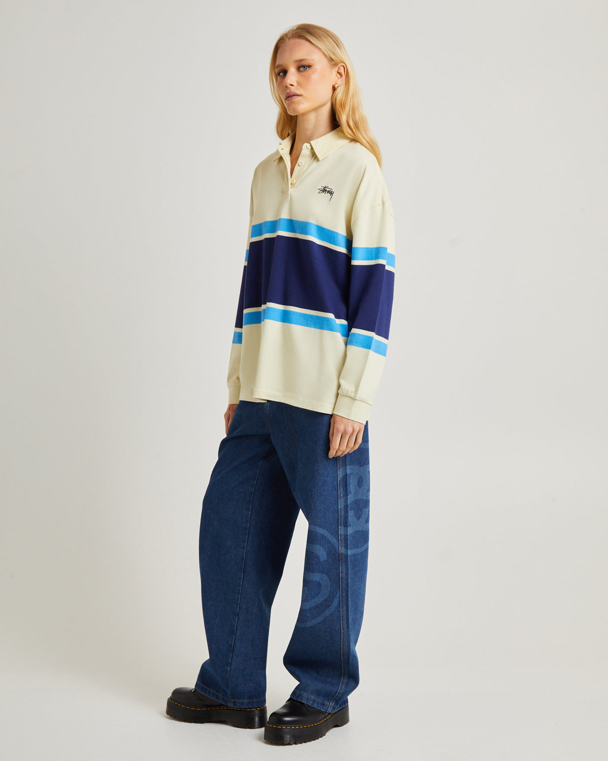 Engineered Stripe Long Sleeve Rugby Shirt PIGMENT NAVY BLUE/CREAM