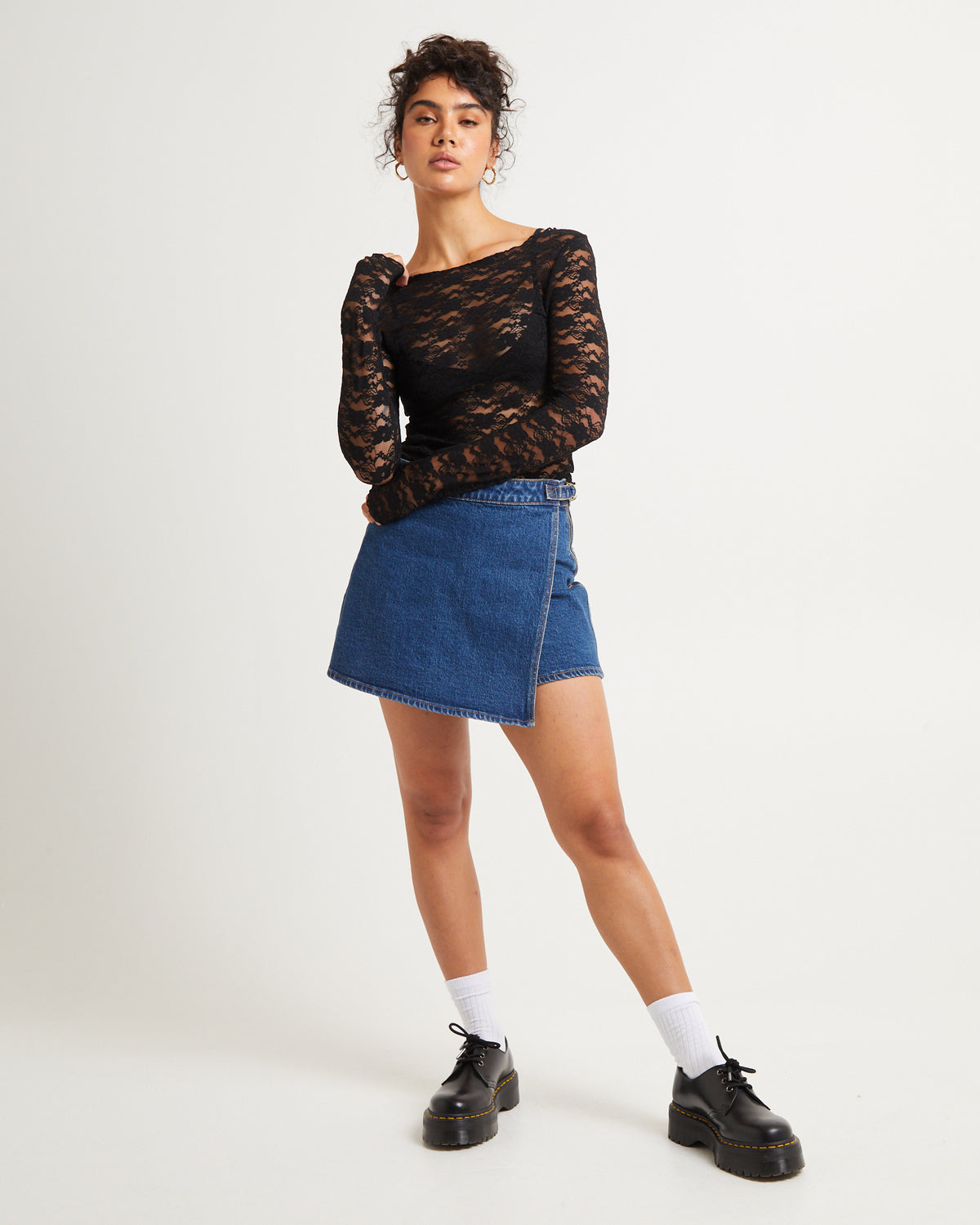 Leah Sheer Long Sleeve Lace Top BLACK