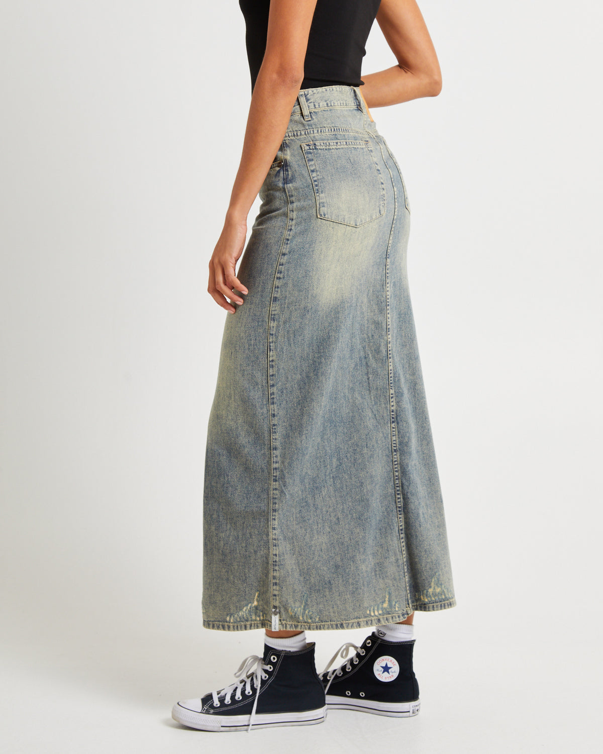 High Waisted Denim Column Skirt Dirty DIRTY BLUE
