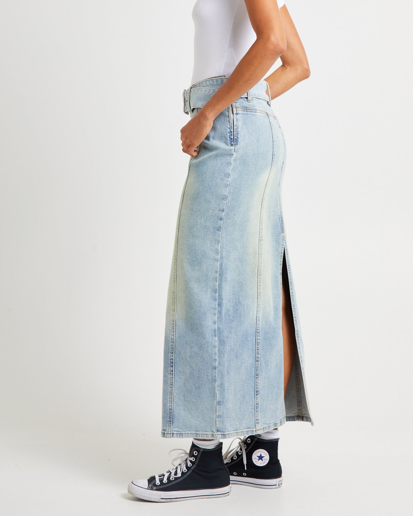 Kaya Low Belted Denim Maxi Skirt