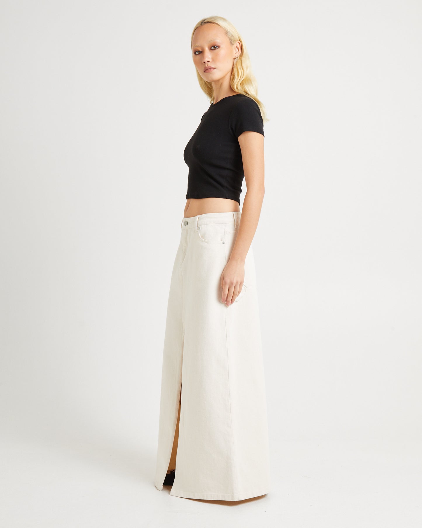 90s Mid Denim Maxi Skirt Unbleached