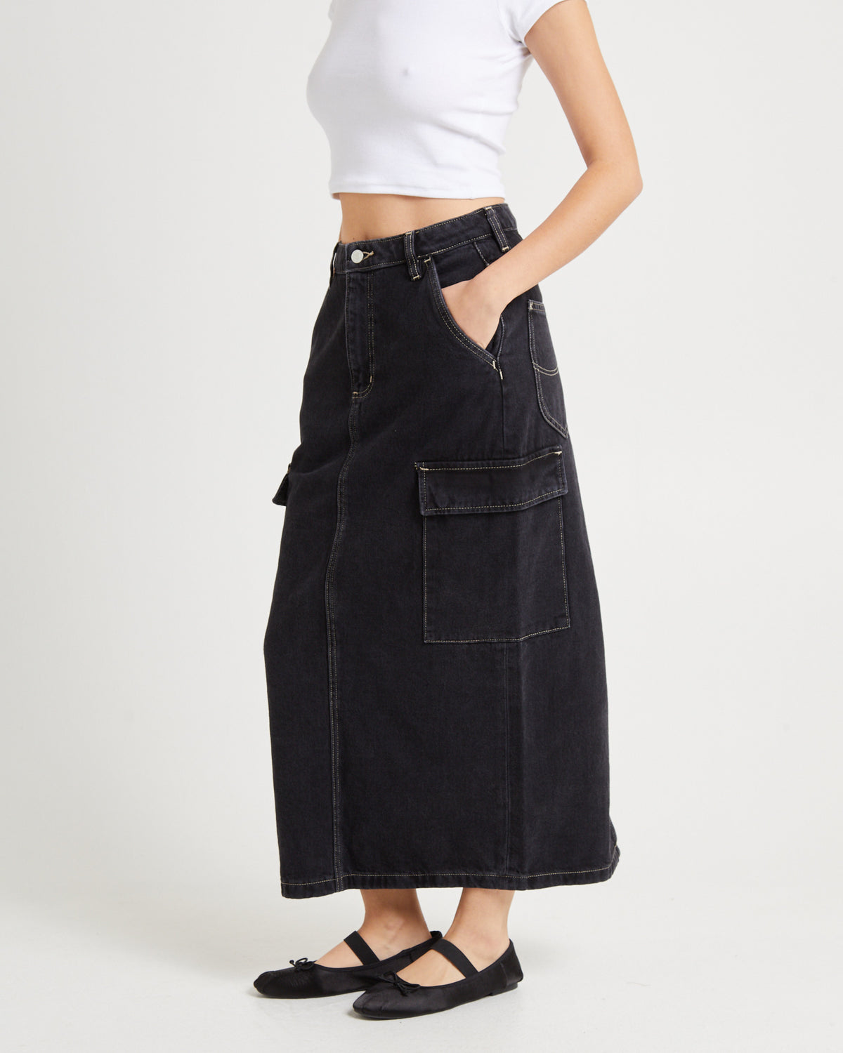 Cargo Midi Denim Skirt Throwback THROWBACK BLACK