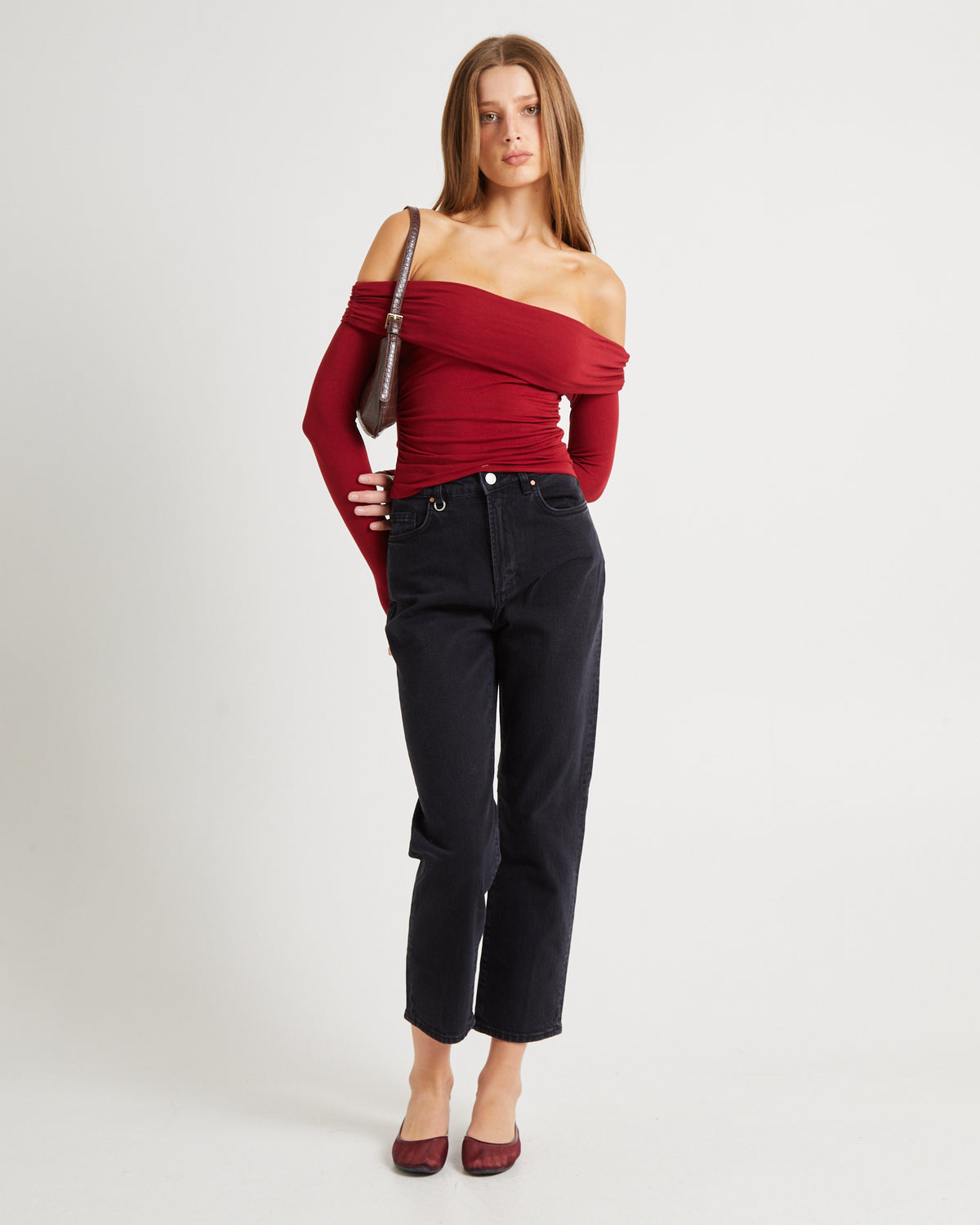 Kia Cold Shoulder Ruch Top CHERRY