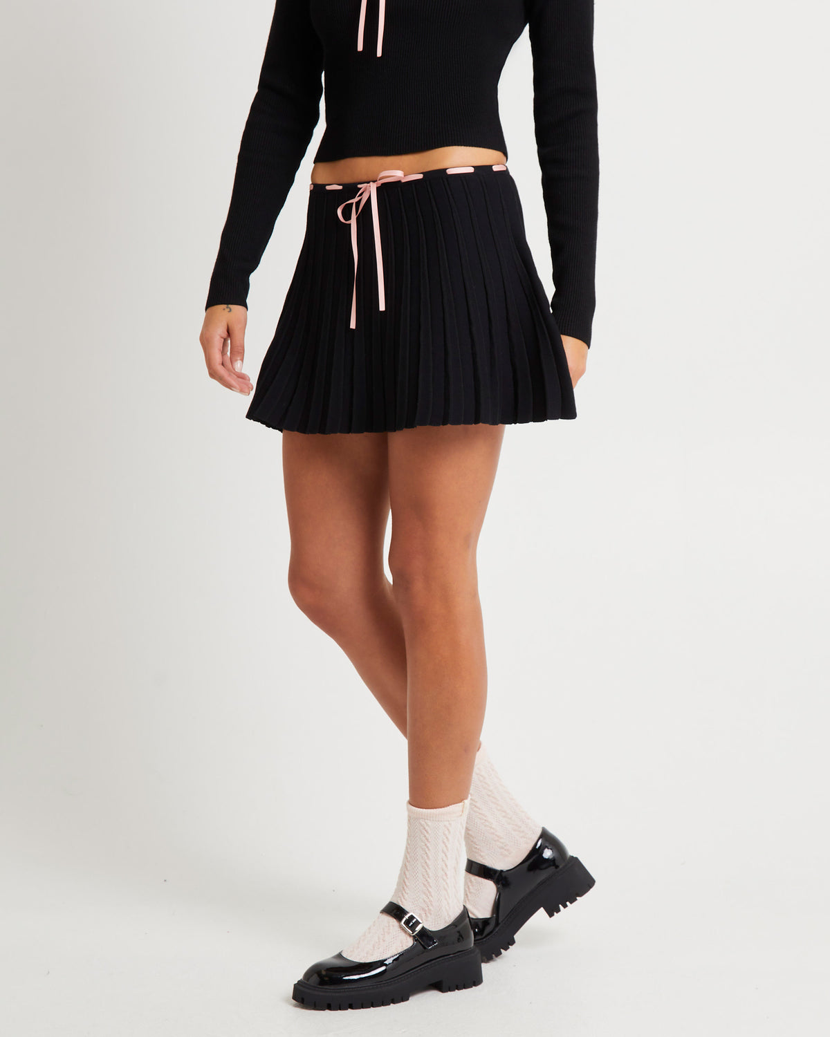 Cartia Laced Knit Kilt Mini Skirt BLACK