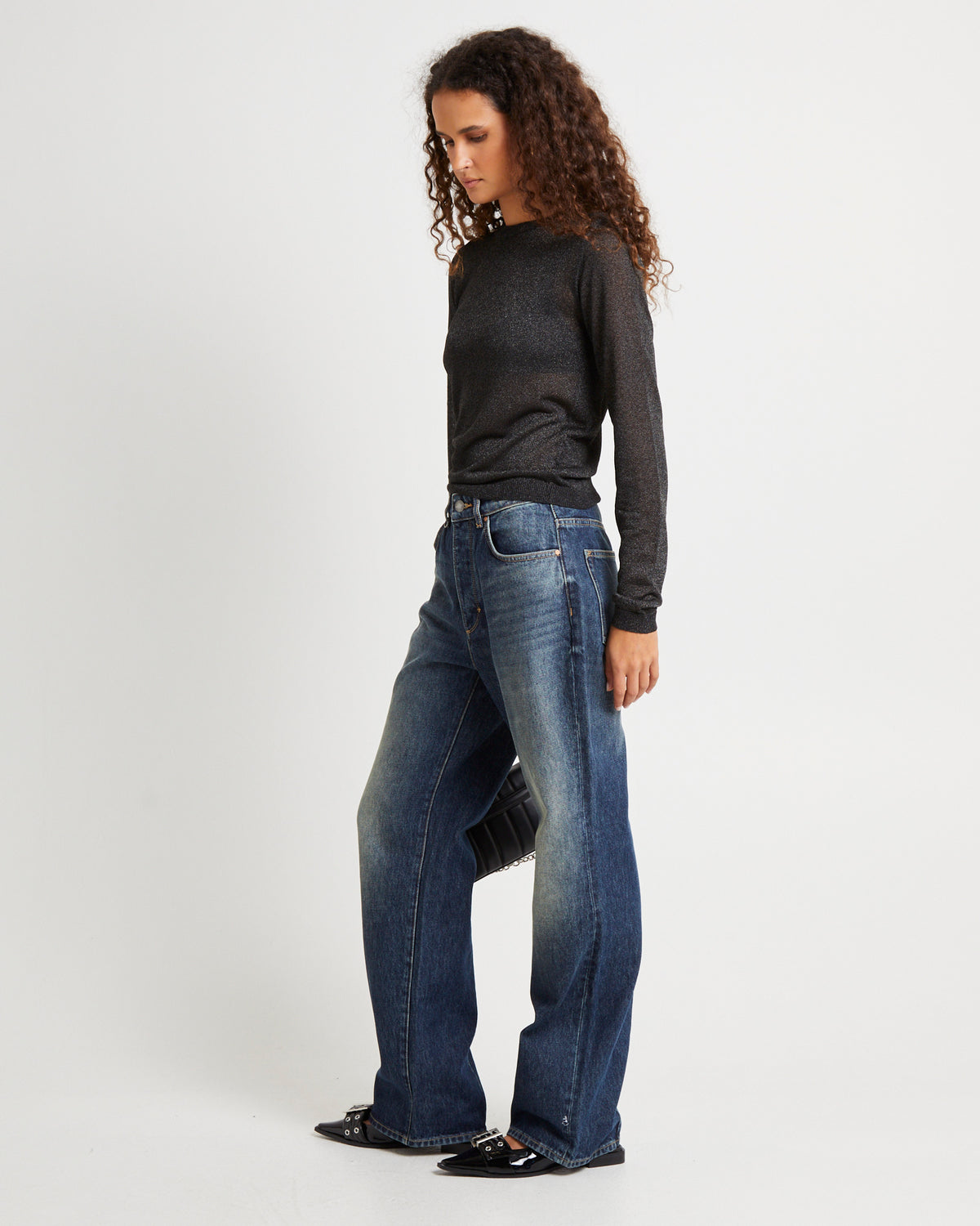 Shimmer Crewneck Knit Long Sleeve Top BLACK