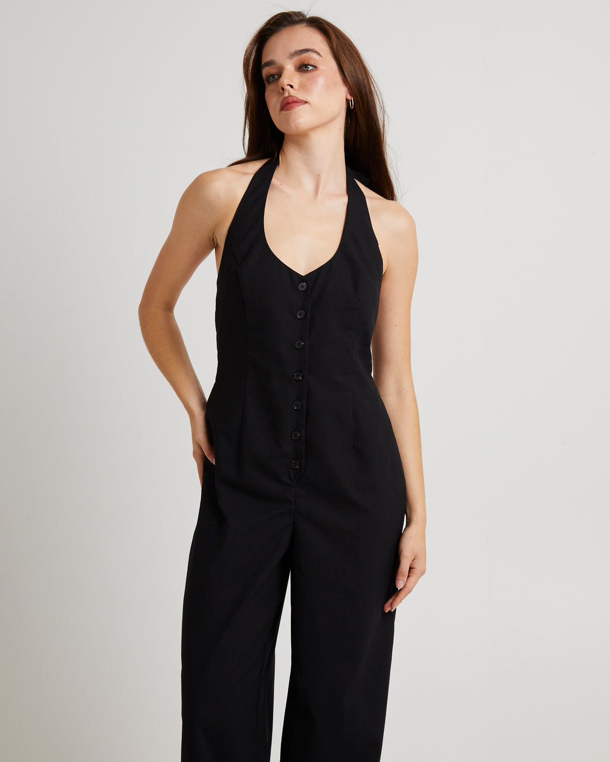 Piper Halter Button Front Jumpsuit BLACK