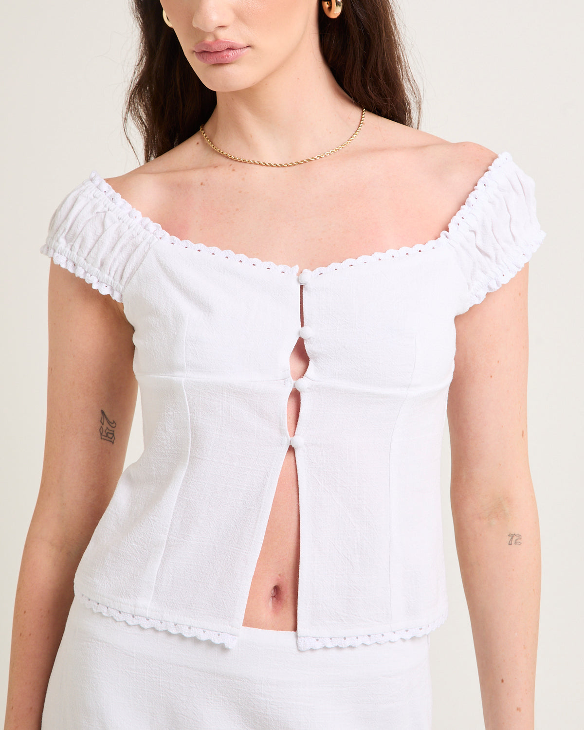 Janita Off Shoulder Lace Trim Top WHITE