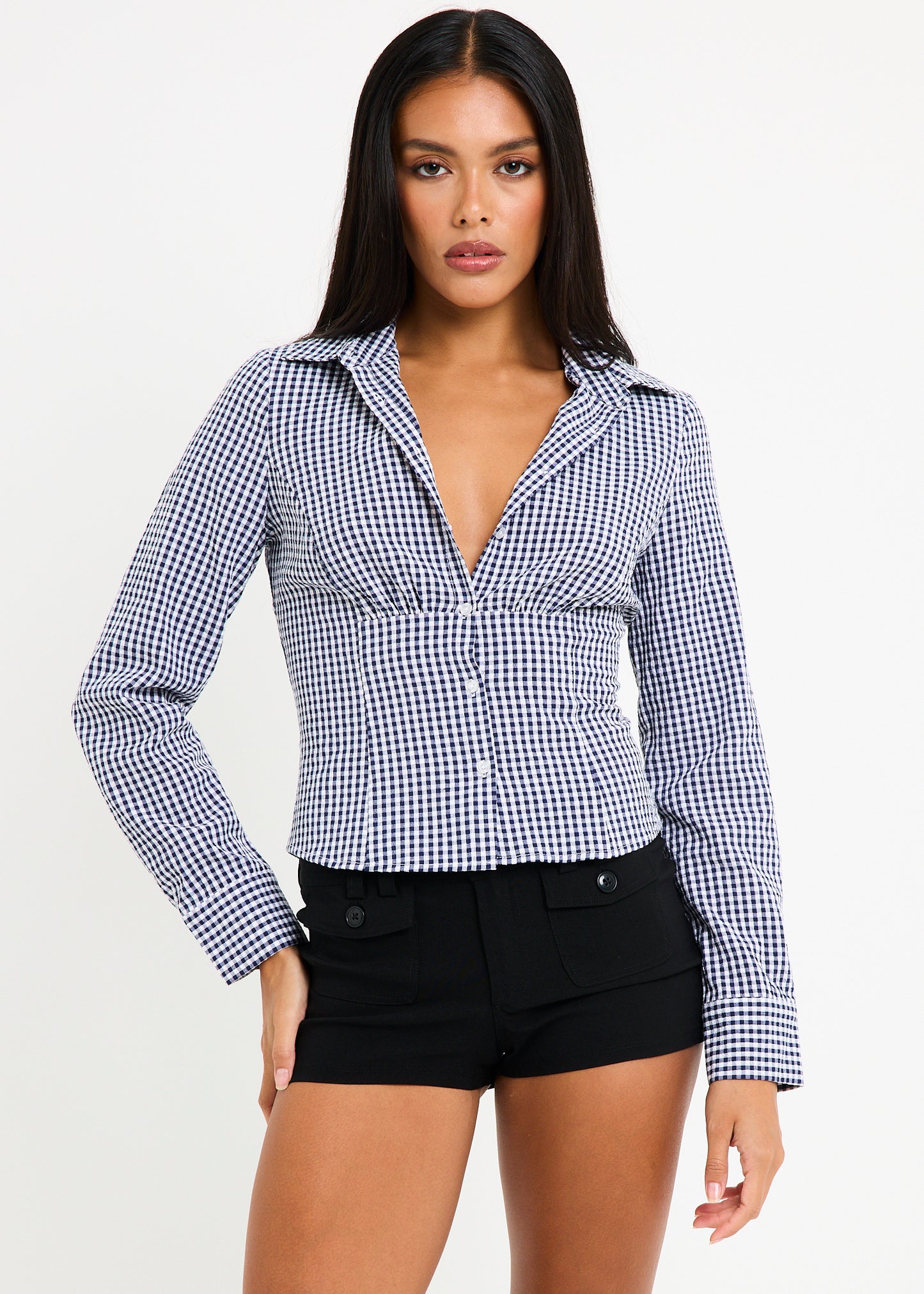 Isha Check Button Down Long Sleeve  Shirt
