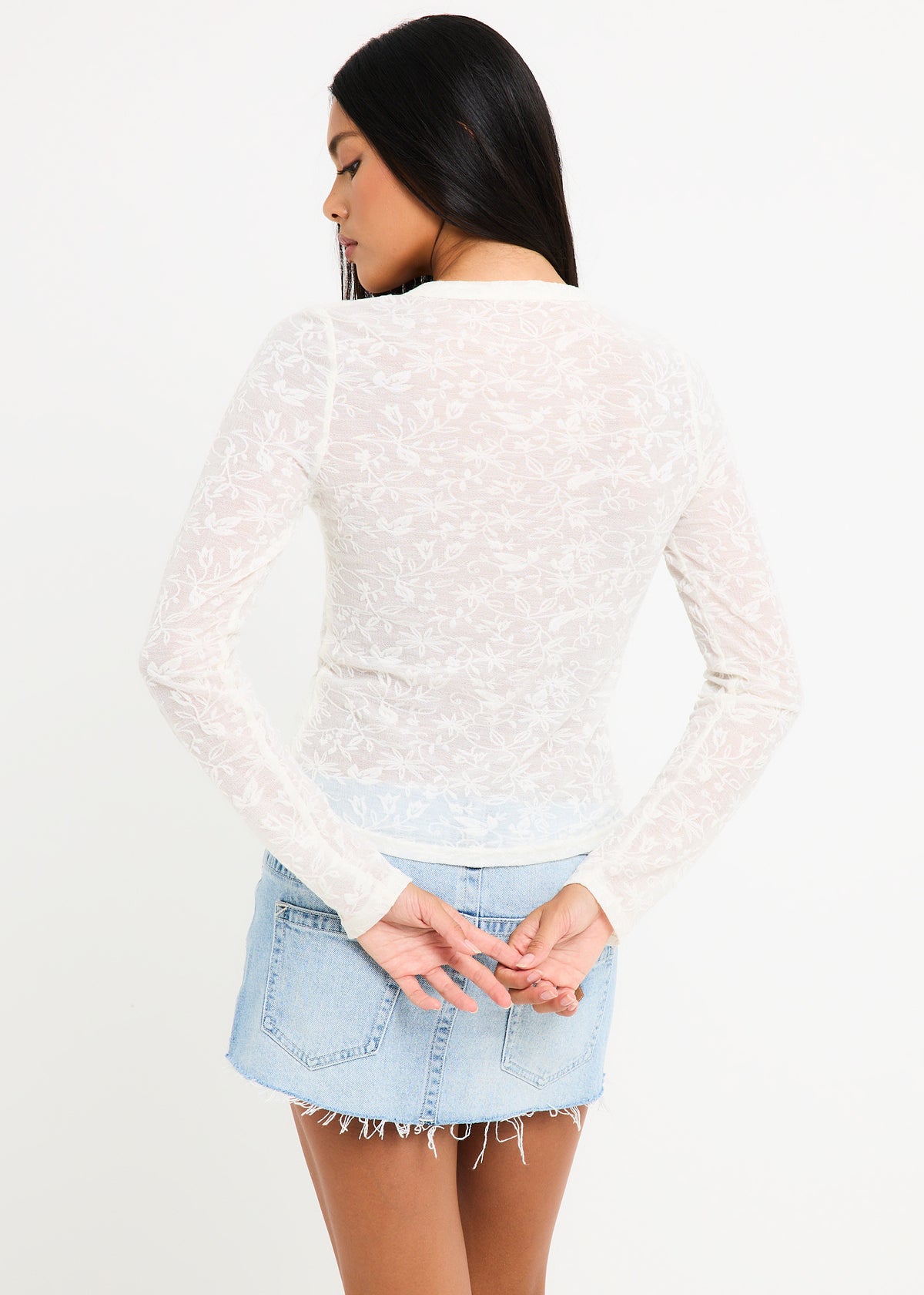 Ariel Crinkle Long Sleeve Button Top WHITE