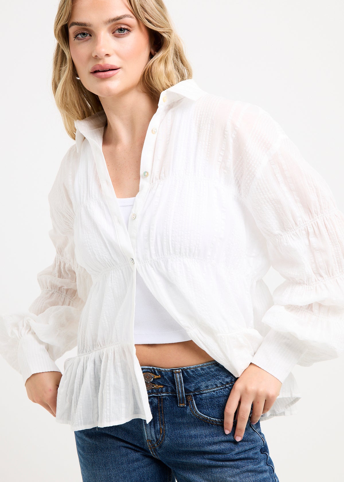 Chicago Shirred Long Sleeve Shirt WHITE