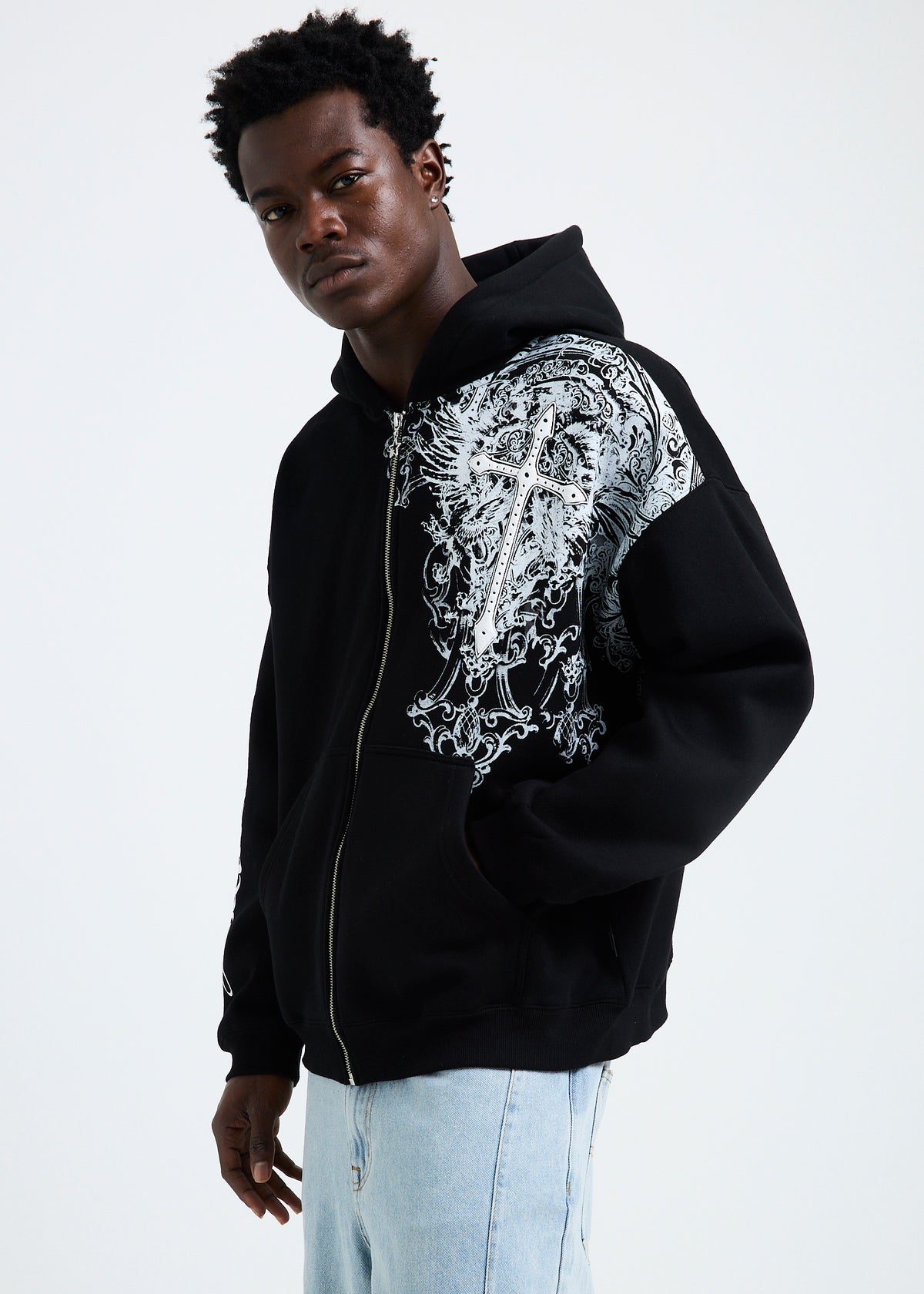Crucifix Zip Hoodie BLACK