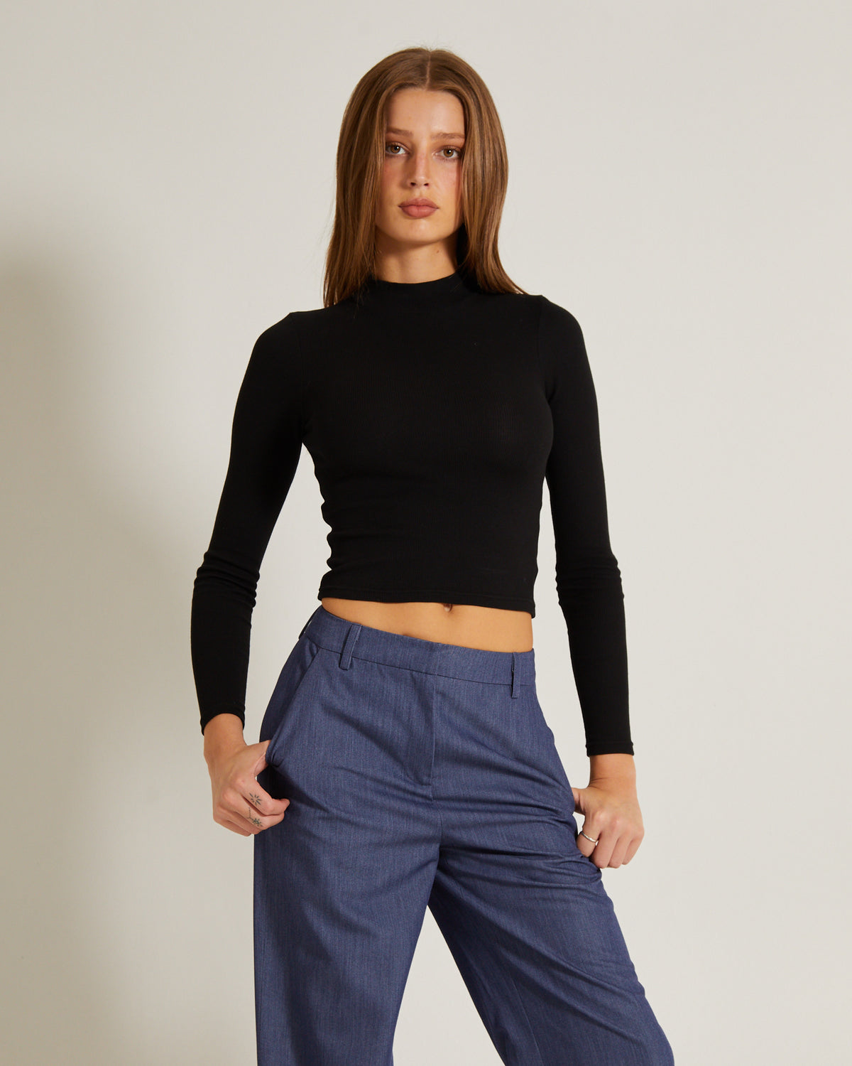 Ribbed Long Sleeve Crop Skivvy BLACK