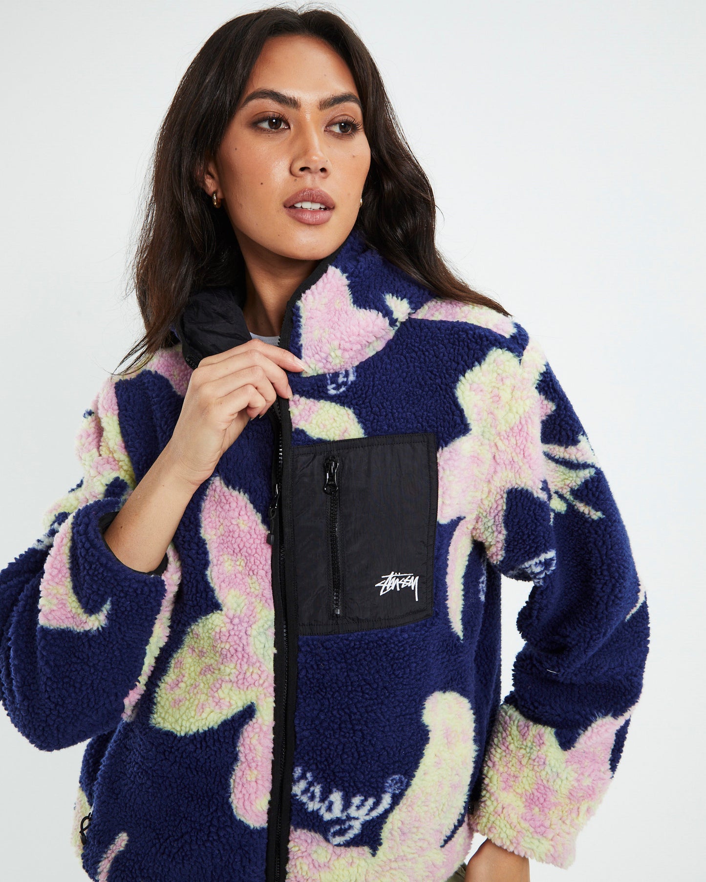 Stock Sherpa Hoodie Jacket Floral Navy