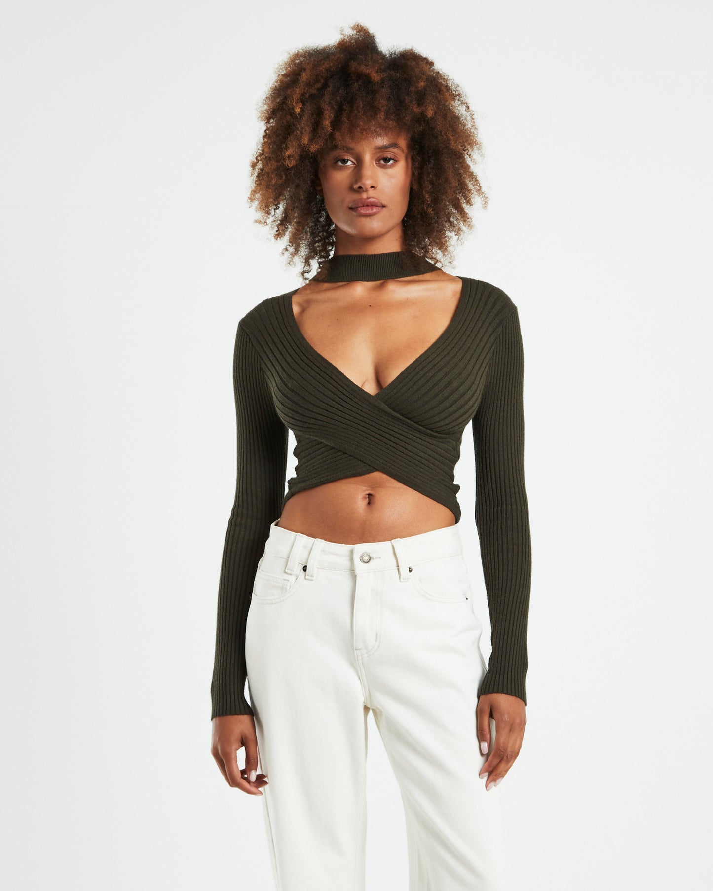 Amelia Choker Long Sleeve Top Khaki Green
