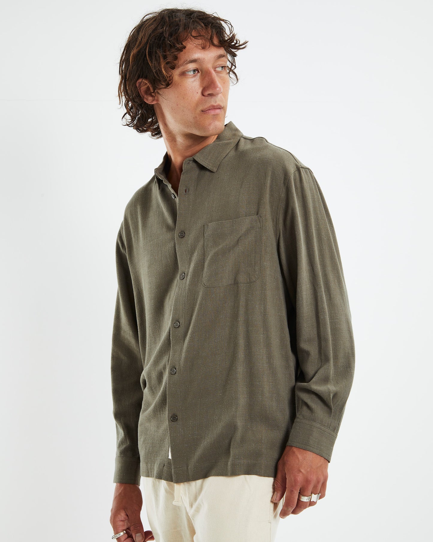 Harrison Linen Long Sleeve Shirt Olive Green