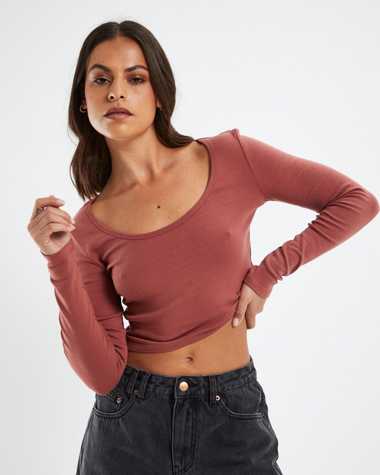 Scoop Neck Long Sleeve Crop Top Brick Red