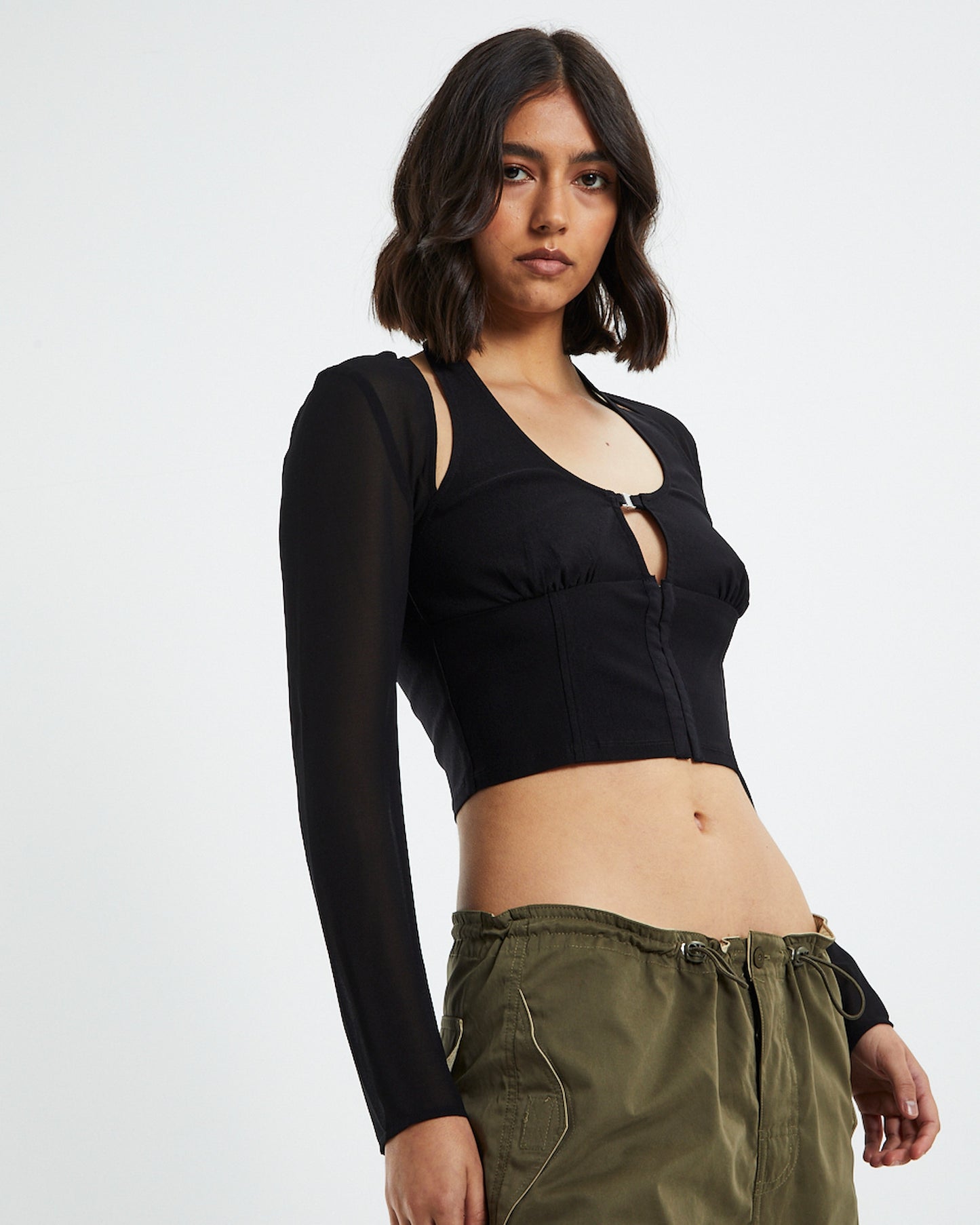 Kamali Hook Front Long Sleeve Halter Top Black