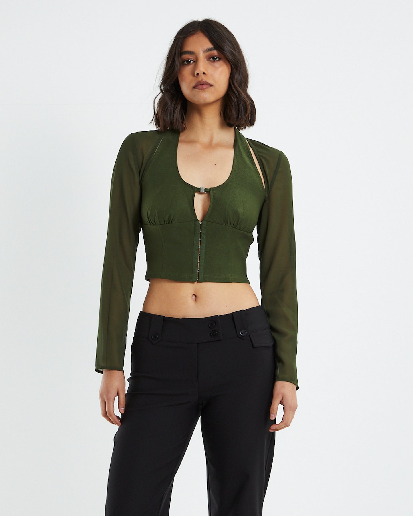 Kamali Hook Front Long Sleeve Halter Top Green