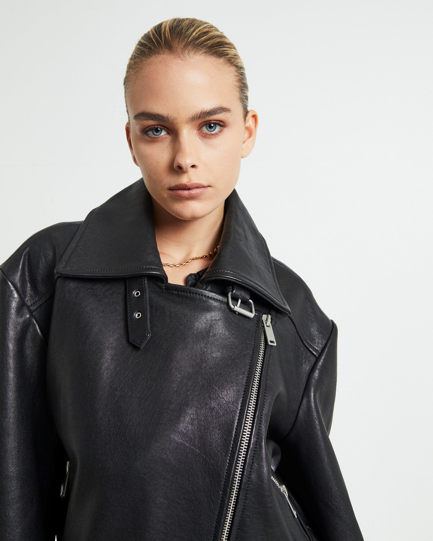 Zoe Longline Leather Biker Jacket Black