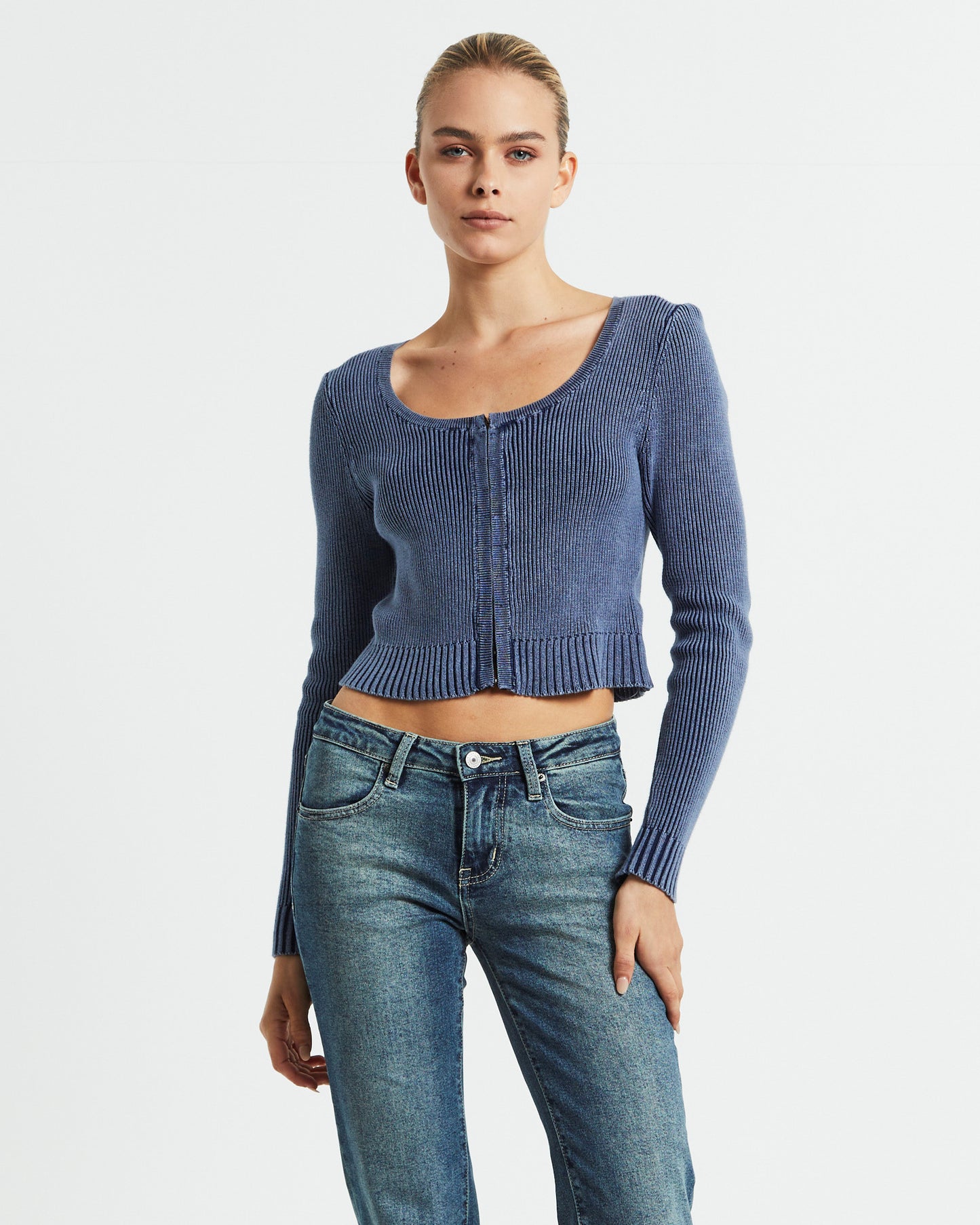 Daija Ribbed Knit Hook Front Long Sleeve Top Ink Blue