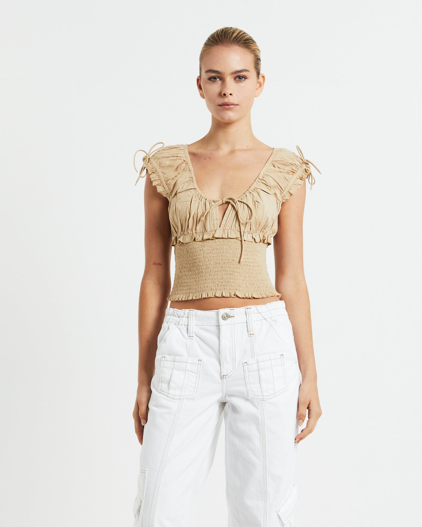 BDG Nova Rouched Blouse Top Cream