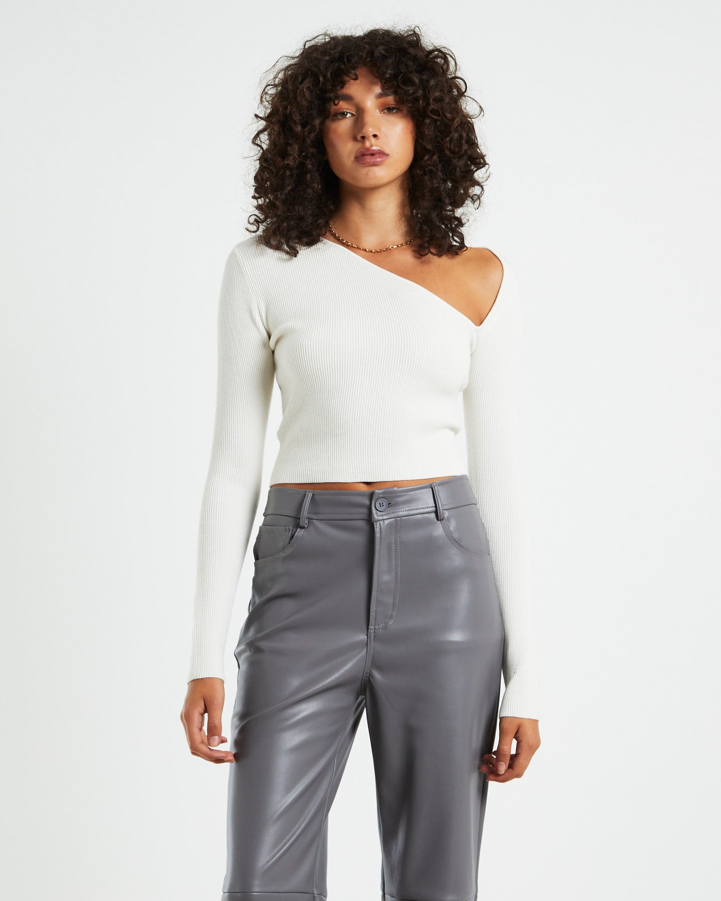 Indy Asymmetric Cut Out Long Sleeve Knit Top  White