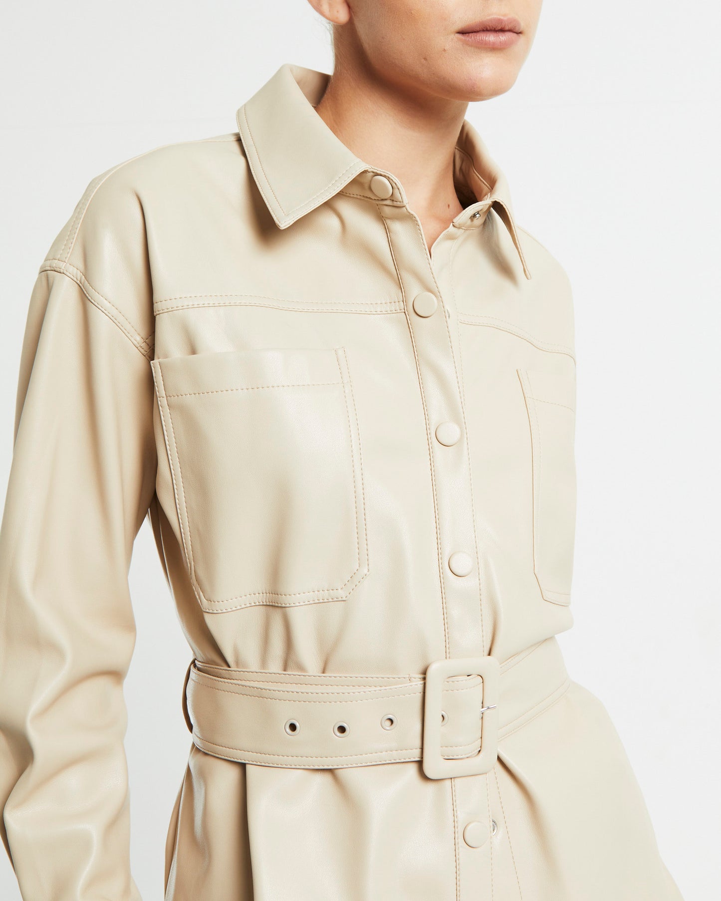 Millie PU Utility Long Sleeve Over Shirt Cream
