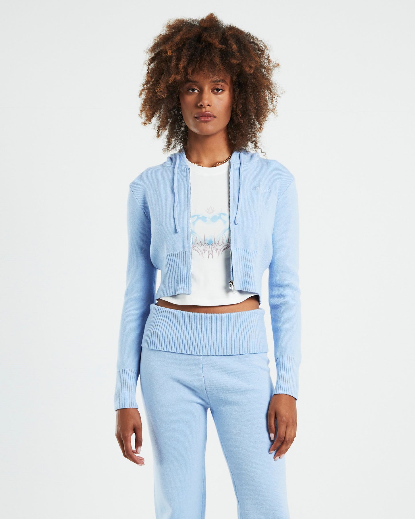Effie Shrunken Knit Hoodie Blue