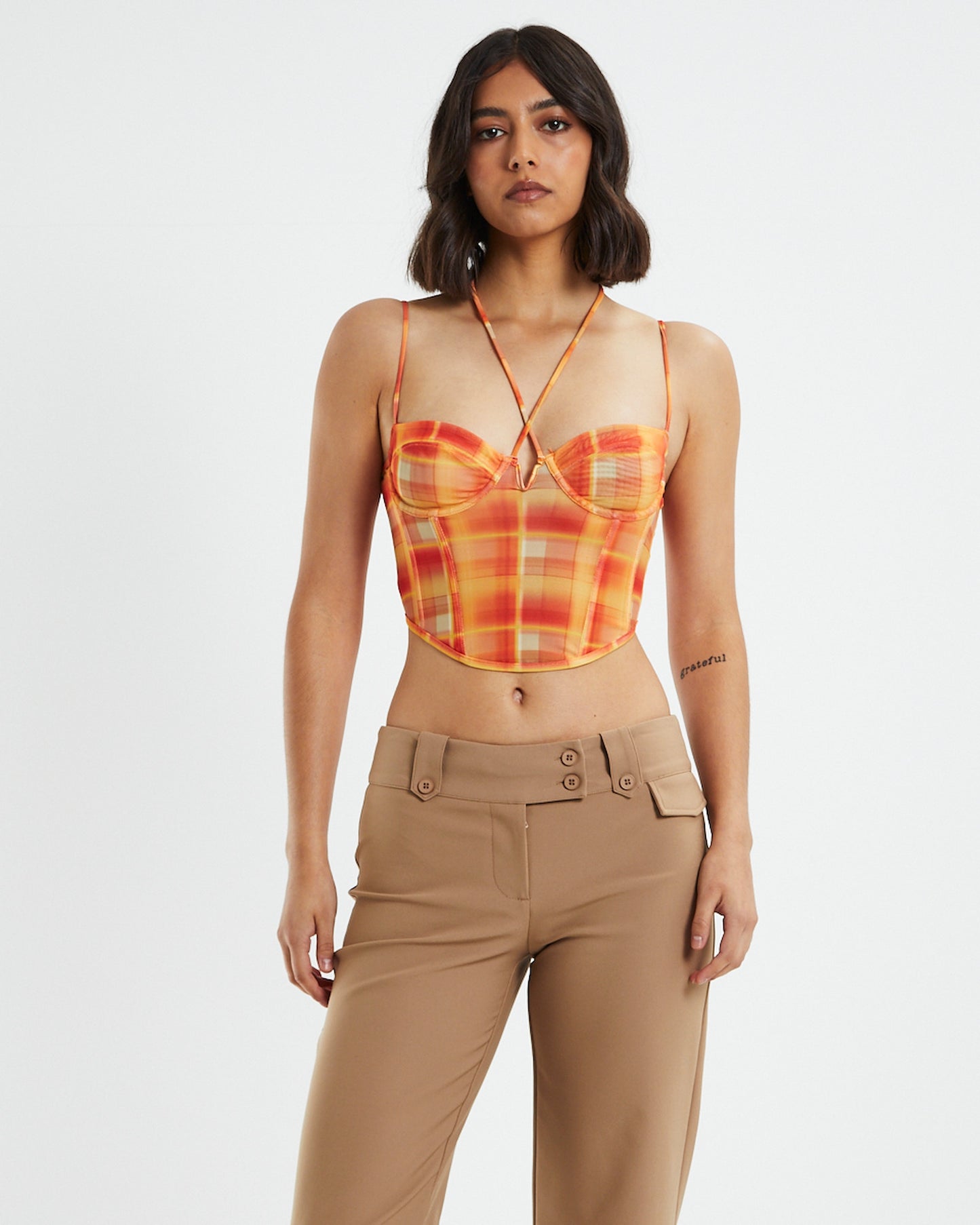 Viccy Strappy Cross Front Corset Check Orange