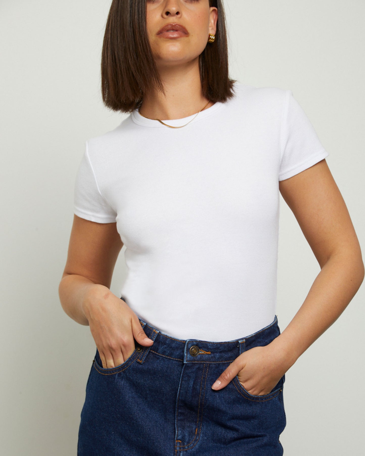 Ribbed Longline Fitted T-Shirt in White