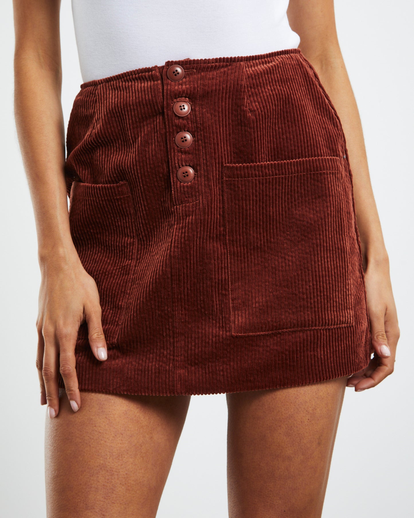 Phoebe Tonkin x Rolla's Francoise Cord Mini Skirt Chestnut Brown