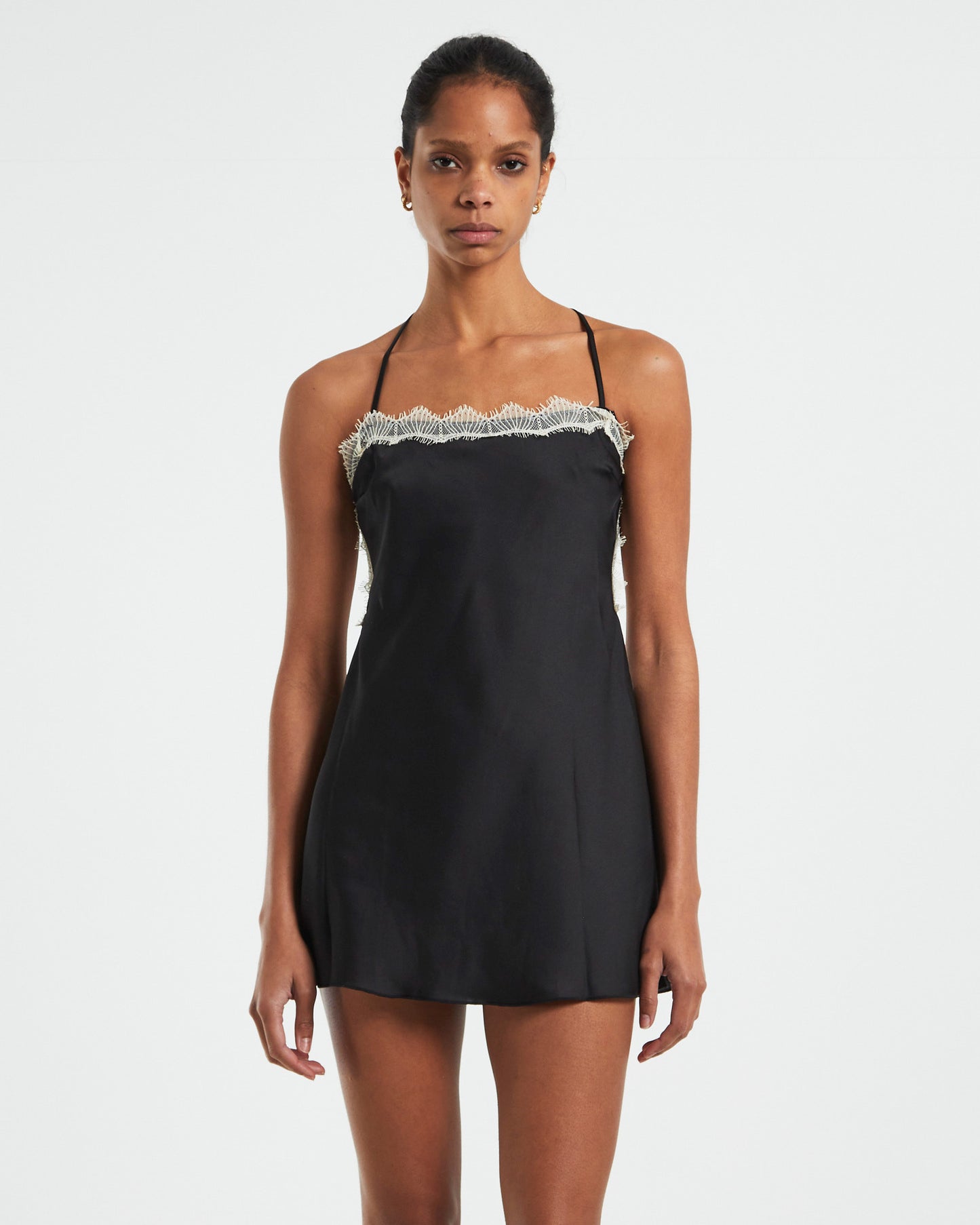 Serena Contrast Lace Cross Back Slip Dress Black/White