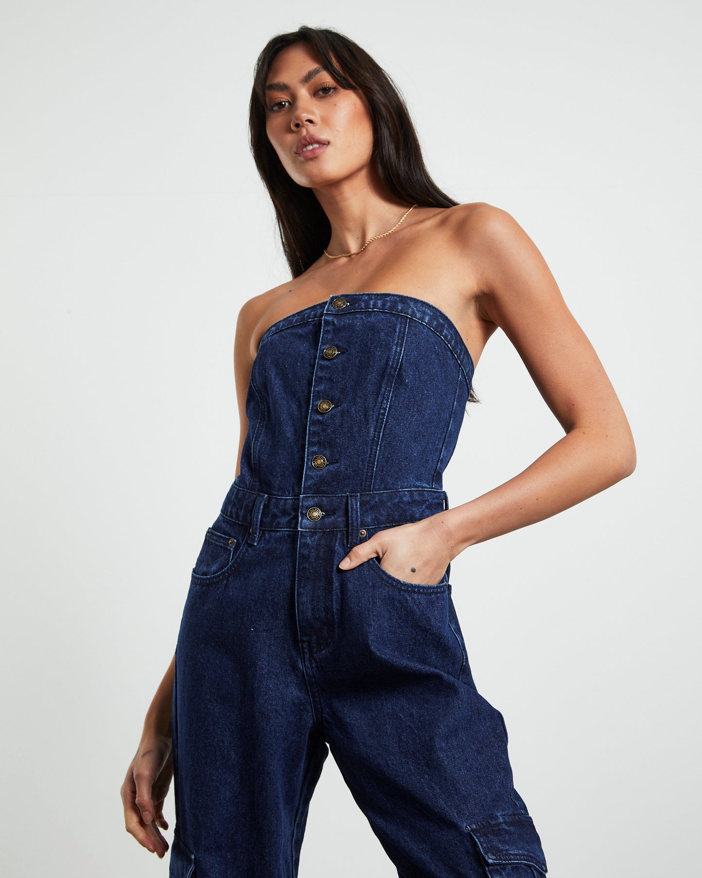 Sabrine Strapless Denim Boiler Suit Ink Blue