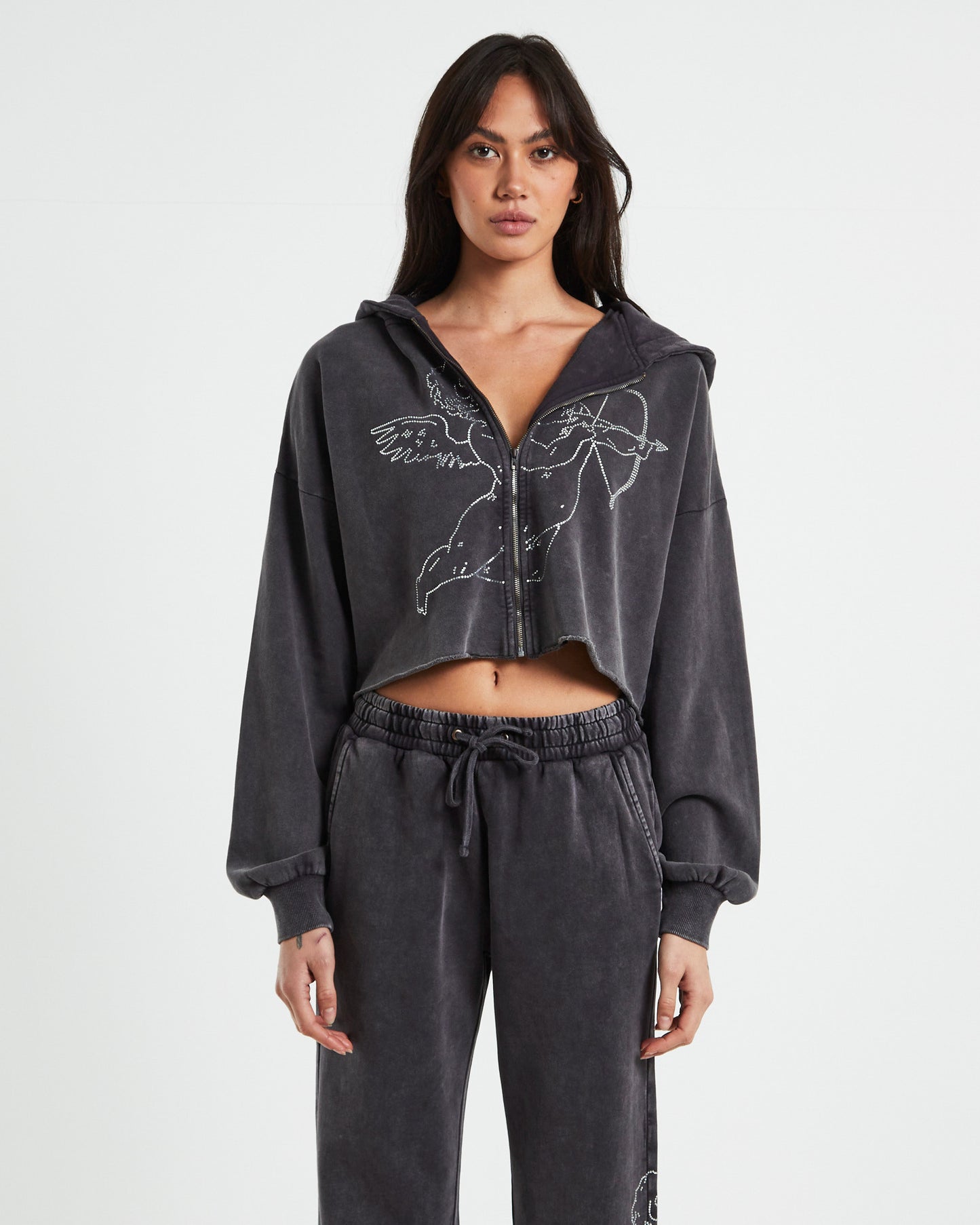 Cherub Acid Wash Zip Front Hoodie Charcoal