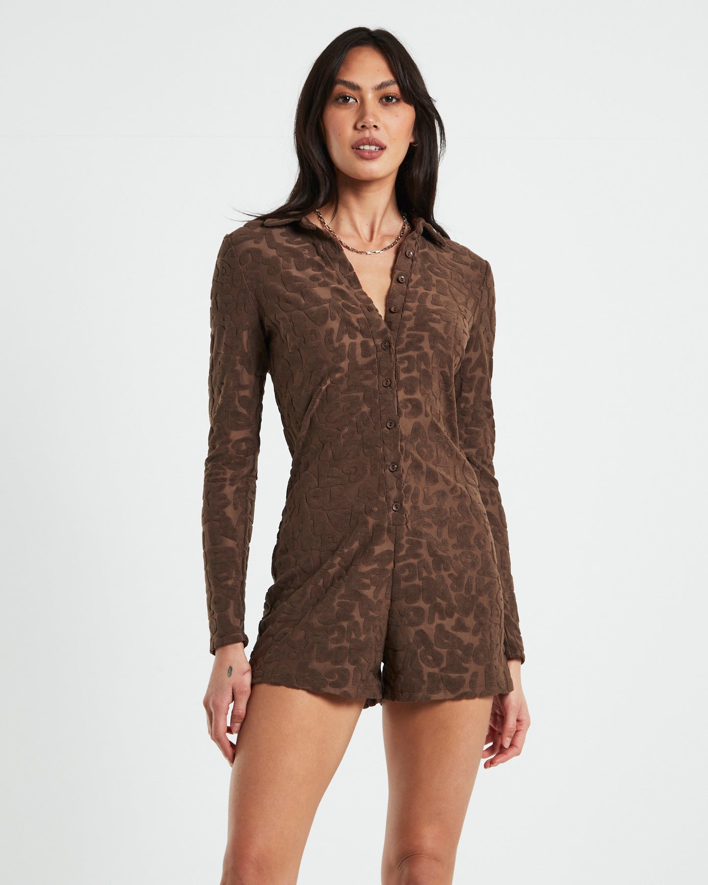 Elori Jacquard Terry Long Sleeve Romper in Brown