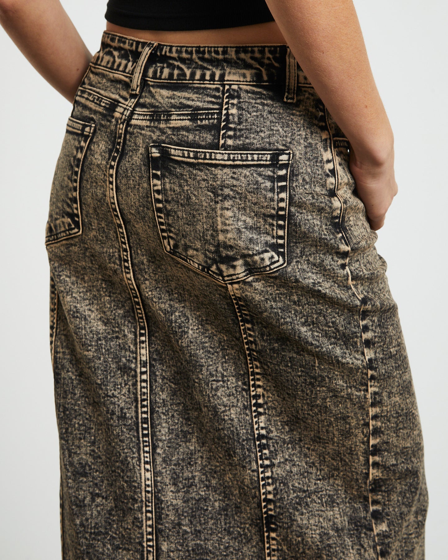 Ines Panel Black Midi Denim Skirt in Vintage Tint